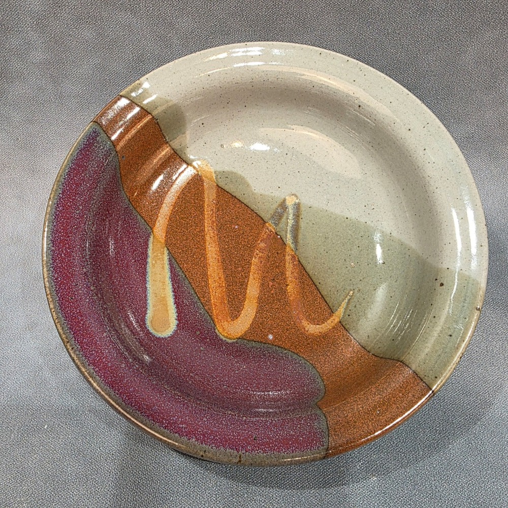 Signed Studio Pottery Shallow Bowl Handcrafted Stoneware Multi-Color Glaze 9in